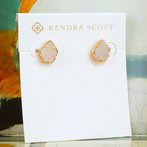 NWOT Kendra Scott Tessa Iridescent White Drusy Stud Earrings Rose Gold Tone - Picture 2 of 5