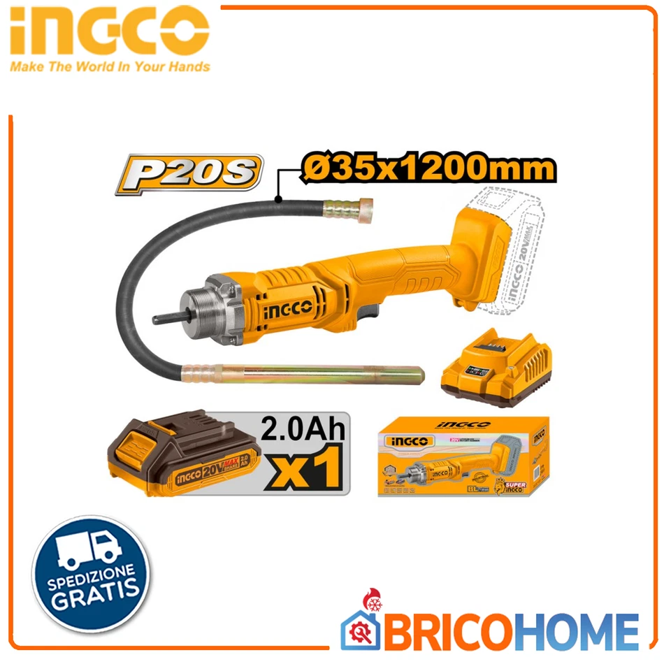 Vibratore per calcestruzzo a batteria 20v con batteria e caricabatteria INGCO