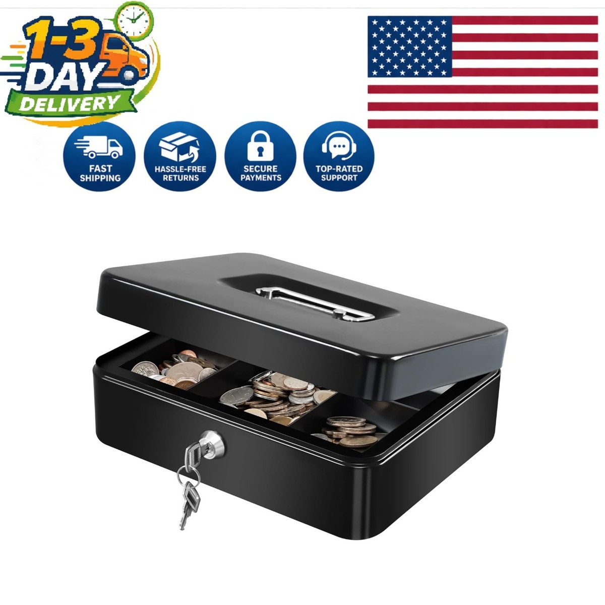 Large Portable Cash Box with Removable Money Tray & Key Lock