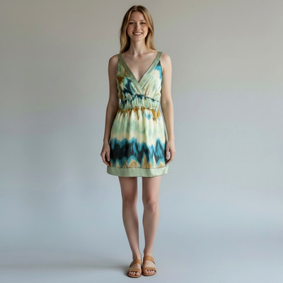Hale Bob 100% Silk Watercolor Blue Green V Neck Babydoll Mini Dress Size S New