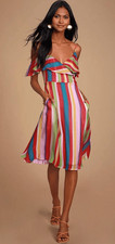 LuLus Multicolor Rainbow Striped Yacht Rock Off the Shoulder Wrap Midi Dress