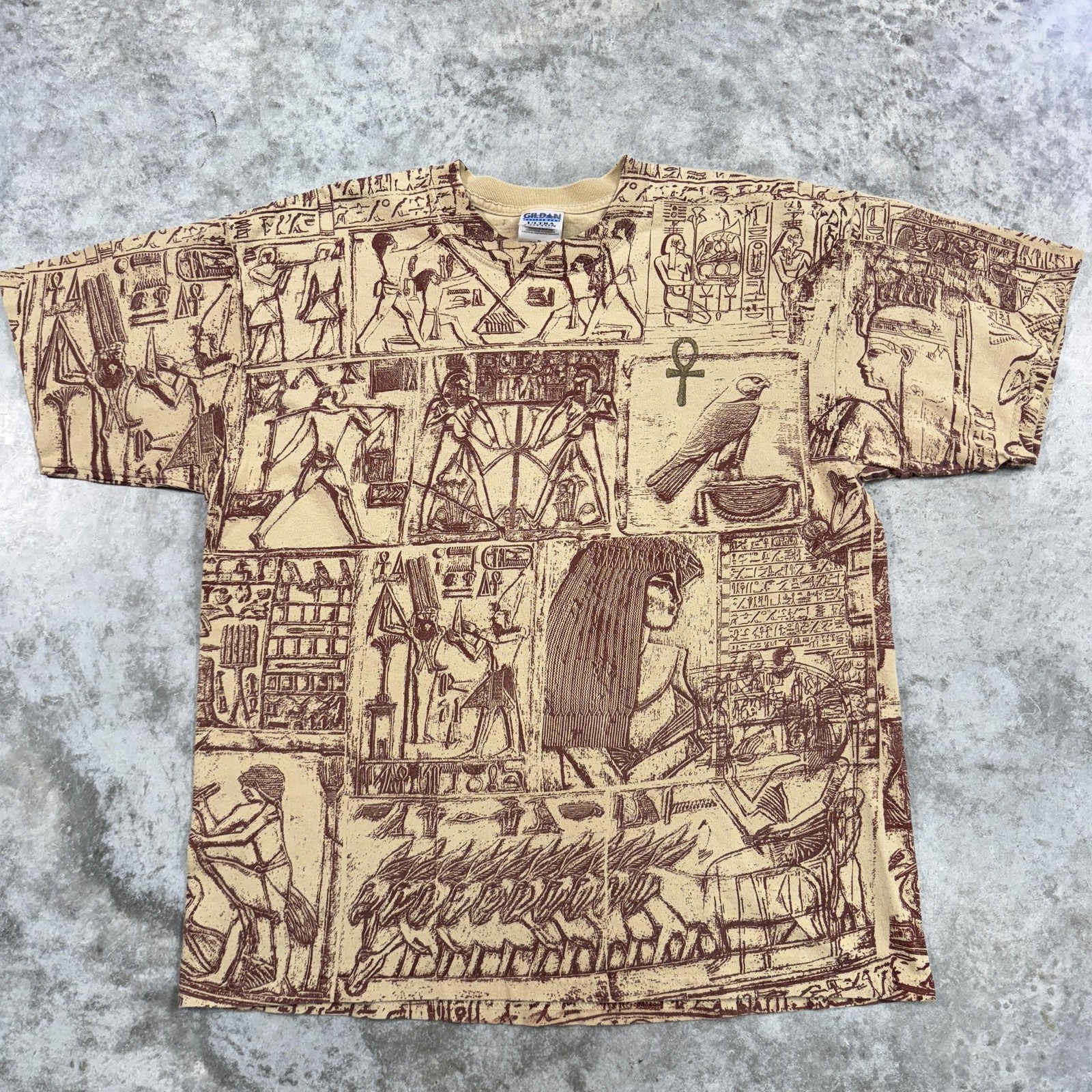 Vintage Hieroglyphics Shirt Mens XL Tan Brown Egyptian All Over Print Graphic