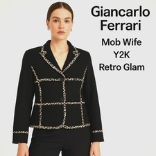 Giancarlo Ferrari Women's 12 Black Leopard Trim Mod Wife Blazer Retro Glam Y2K