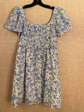 American Eagle puff sleeve A-line short dress size S white w/blue floral print