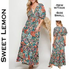 New Sweet Lemon Black Floral Maxi Dress Size Small Tied Sleeve Plunging Neckline