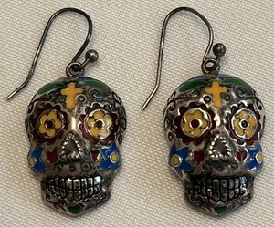 Sterling Silver Multi Color Enamel Sugar Skull Hook Earrings