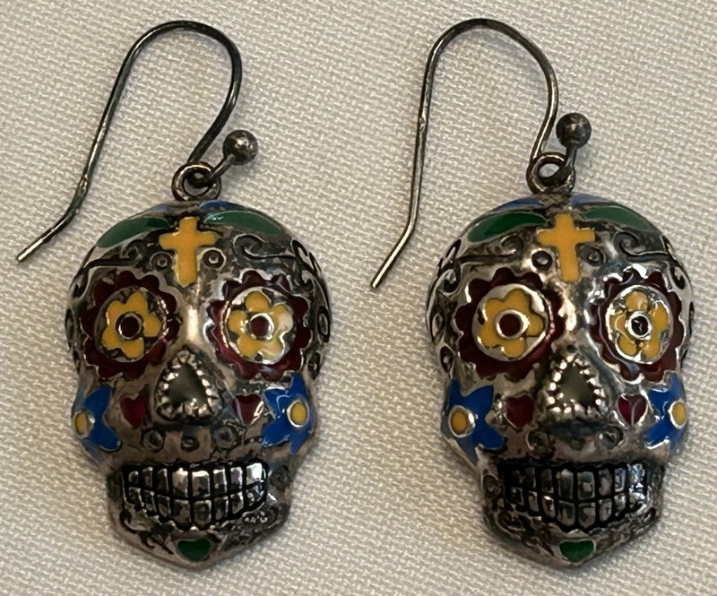 Sterling Silver Multi Color Enamel Sugar Skull Hook Earrings