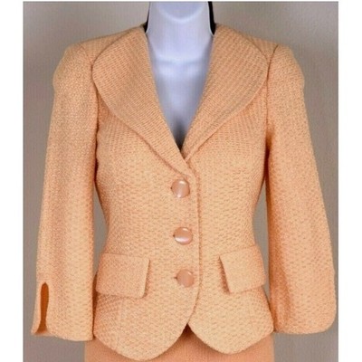 St. John Blazer Jacket Size 2 Peach Orange Textured Knit 3/4 Sleeve Tailored