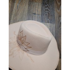 Serra Womens Beige Felt Wide Brim Fedora Hat Floral Embroidery Boho One Size NEW
