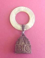 Vintage Baby Rattle Sterling, MOP Teething Handle, ABCDEFG Blocks