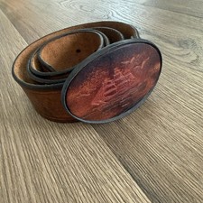 Vintage Hand Tooled Hand Painted Cowhide Leather Belt 36 Nautical Ship Spain