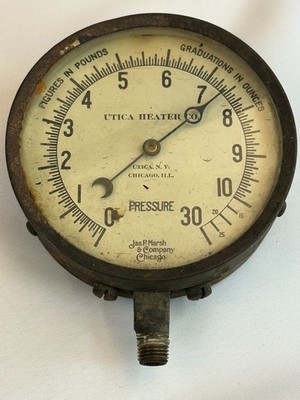 Vintage UTICA  Mfg. Co. 4.5'' Pressure HEATER Gauge, Glass Face