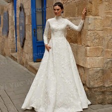 Luxury A Line Wedding Dresses Lace Appliques Bride Gowns High Neck Long Sleeve