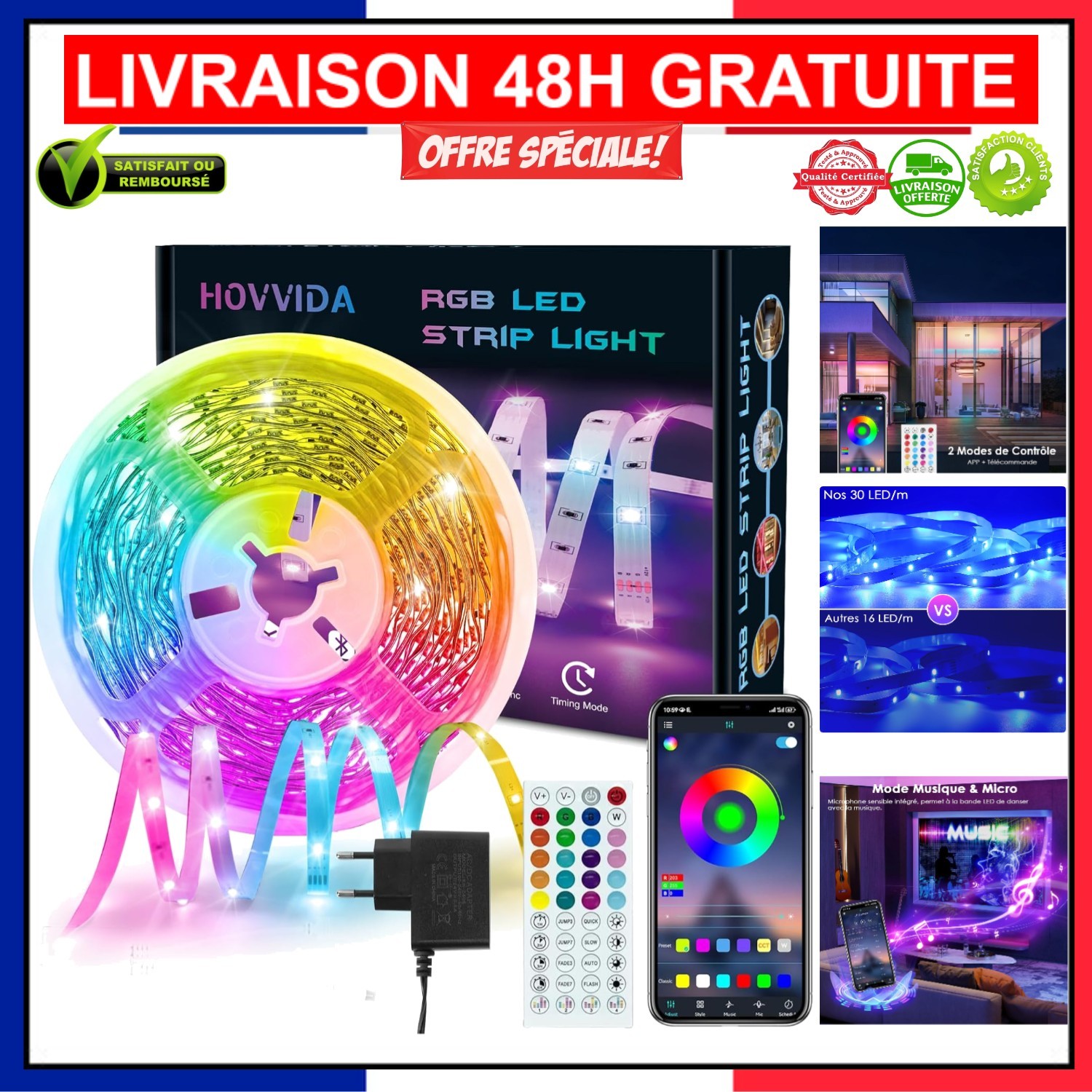 Bande LED RGB 10M HOVVIDA avec 300 lampes et contrôle connecté par application smartphone