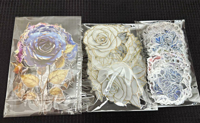 3 Pack Floral Scrapbooking Flower Embellishments Die Cut Roses, Blue White Beige