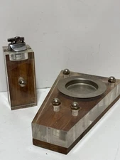 MCM Coaster Ash Tray & Table Lighter Clear Thick Plastic Teak Wood Set