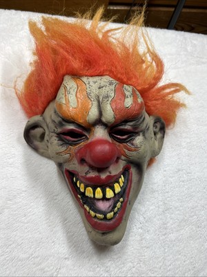 Halloween Scary Clown Mask Creepy Evil Teeth Flames Orange & Yellow Hair Latex