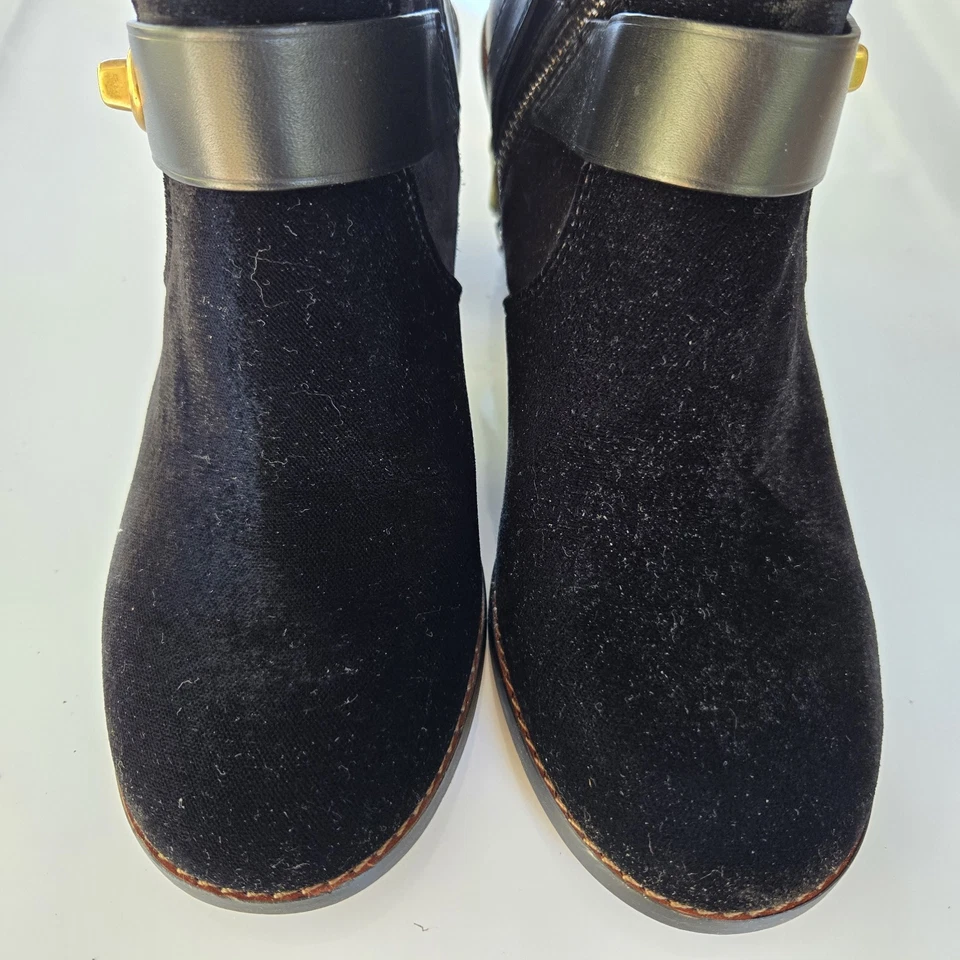 Bota de moto Coach 1941 para mujer tacón rosa té gamuza negra/terciopelo usada en excelente estado talla 7,5 Foto 3 de 4