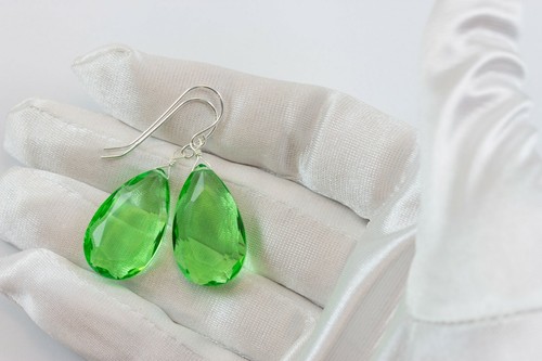 Green Simulated Peridot Earrings Teardrops Dangle Large Sterling 14k Gold - Picture 5 of 15