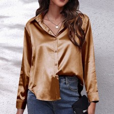 Women's Satin Silk Button-Up Dress Shirt OL Work Ladies V Neck Lapel Blouse Tops