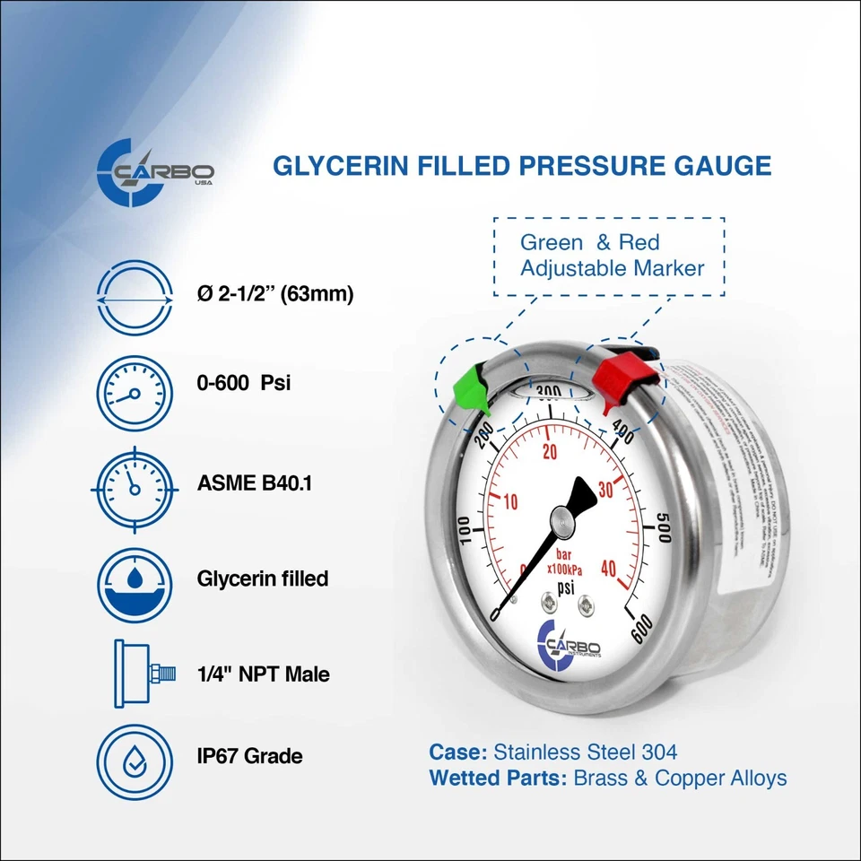 2-1/2" Pressure Gauge, Stainless Steel Case, Liquid Filled, Back Mnt 0-600 PSI - Image 2 of 4