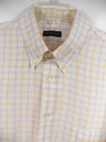 CANALI MENS XL LUXURY DRESS SPORT SHIRT YELLOW IVORY CHECK COTTON MADE IN ITALY - 第 1/7 張圖片