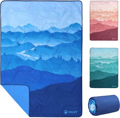 VILLEY 3-Layer Outdoor Camping Blanket Blue/Teal/Brown Camp Mat,Machine Washable