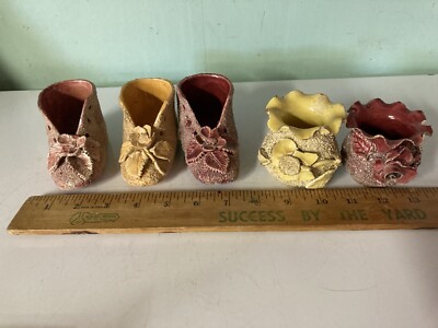 Barbotine sand pottery 19th century shoes an 2 pots  majolica flowers