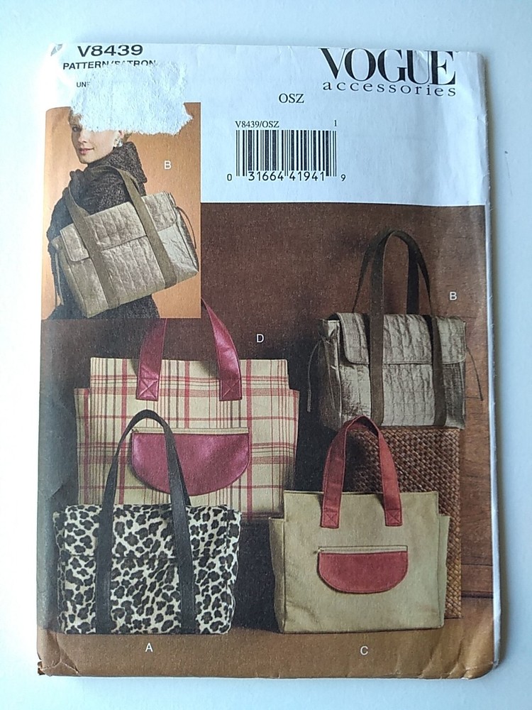 Vogue Sewing Pattern V8439 Satchel Bags / Totes UNCUT