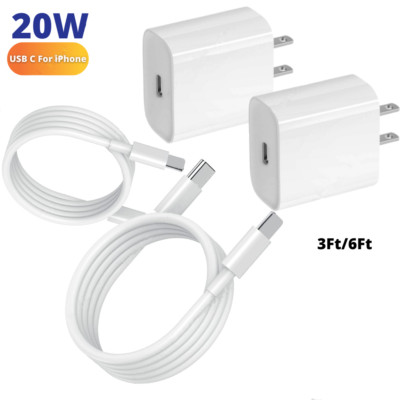 2Pack USB-C Power Adapter 20W Fast Charger PD Cable For iPhone 13/12/11/8/X/iPad