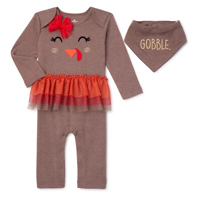 Celebrate Baby Girls Thanksgiving Turkey 2-Piece Romper Bib Set 0-3M NWT