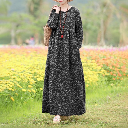 Maxi Vestido Suelto Caftán Informal Estampado Floral Algodón Manga Larga Reino Unido Para Mujer - Imagen 3 de 11