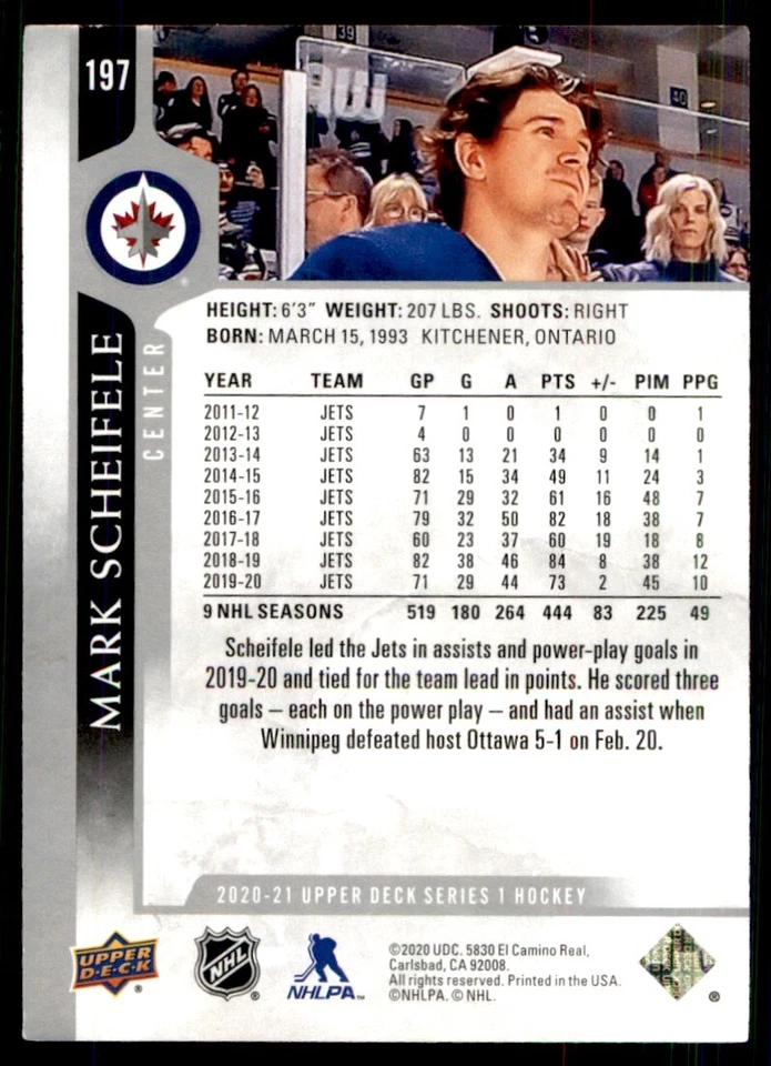 2020-21 Upper Deck Mark Scheifele Winnipeg Jets #197 - Image 2 of 2
