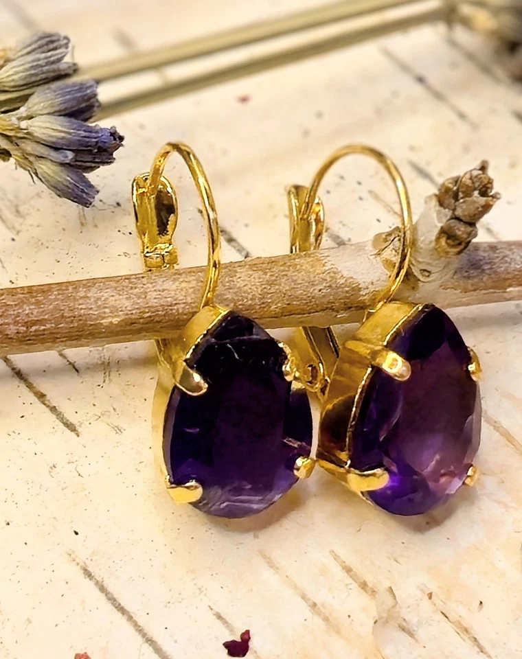Натуральный фиолетовый аметист прибл. Позолоченные серьги-капли 10,26 карата - Изображение 3 из 4