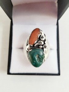 R.R. Nieto Zuni Sterling Silver Coral Turquoise Ring Vtg Native American Size 10