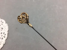 Antique Gold Gilt Brass Hatpin 8.5" Filigree Heart Art Nouveau Hallmarked 3/4"