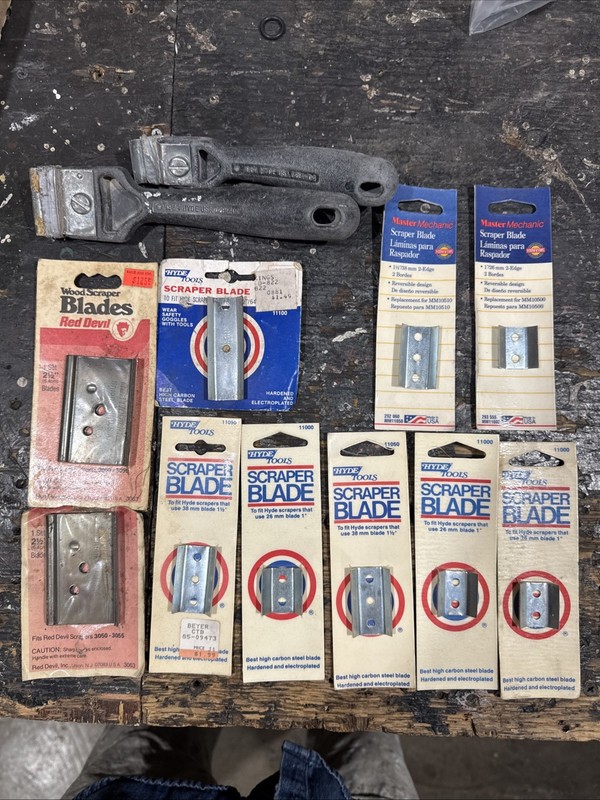 2 Scrapers And Assorted Scraper Blades, Red Devil, Hyde and Master Mechanic