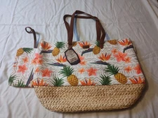 Sun n Sand Large Colorful Beach Tote Bag Pineapples 20"x15" Canvas Straw Bottom