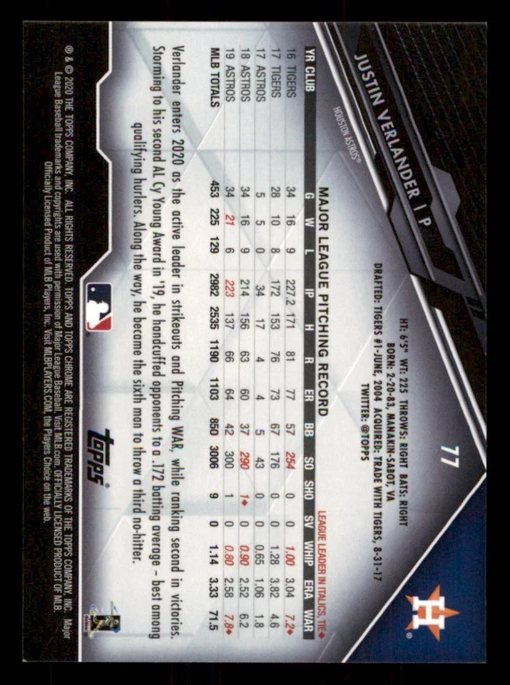 2020 Topps Chrome Black #77 Justin Verlander - Image 2 of 2