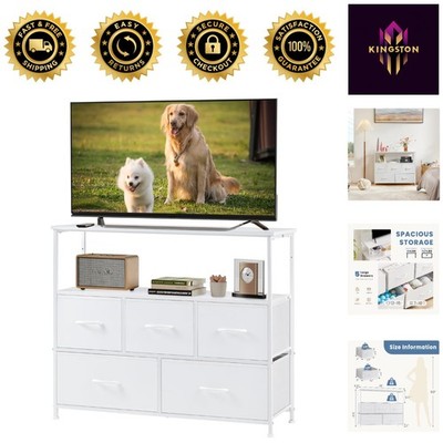 Compact White TV Stand with 5 Fabric Drawers & Adjustable Feet for Versatile Use