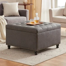 Large Square Storage Ottoman Bench, Tufted Upholstered Coffee Table with Storage