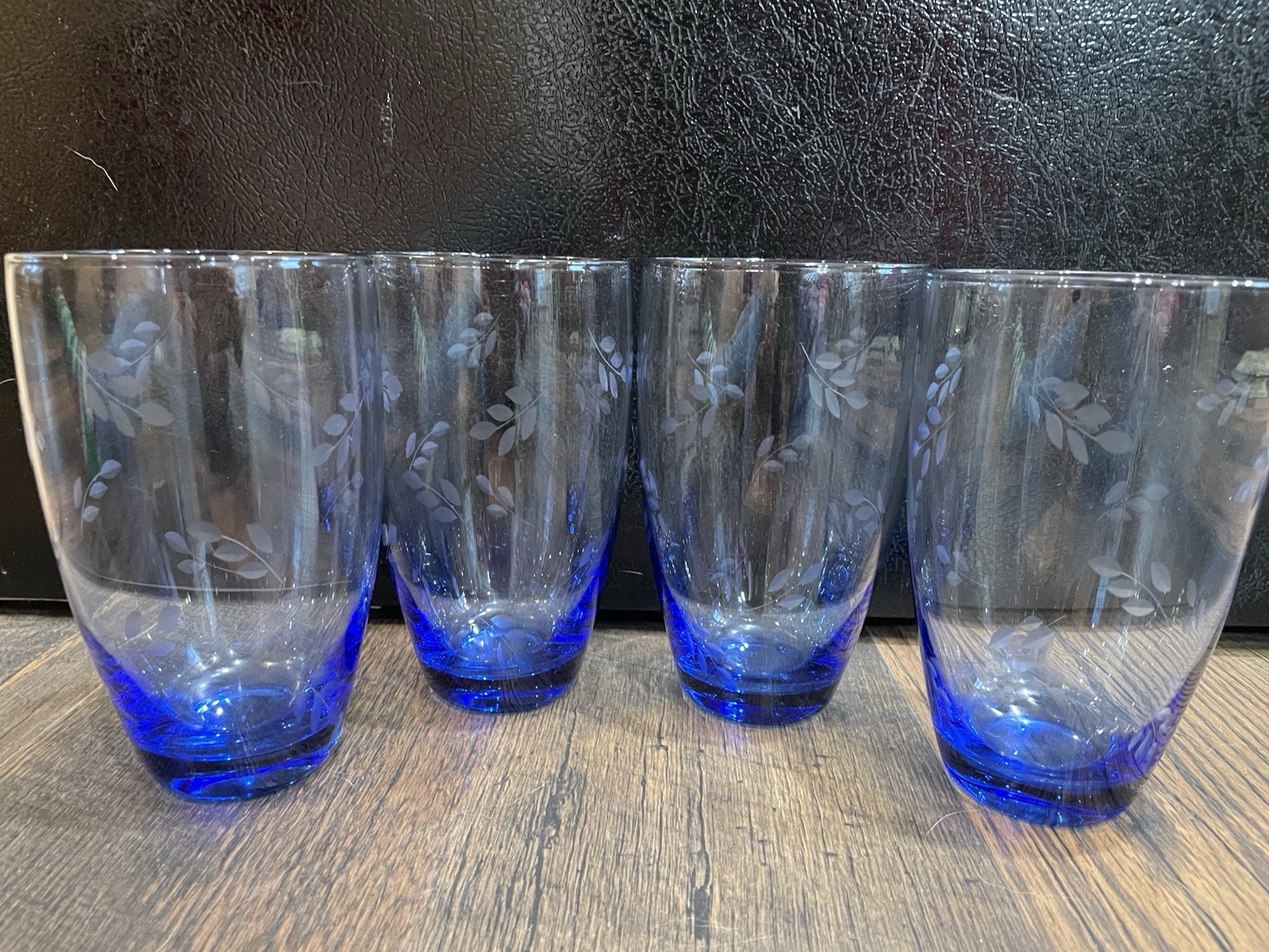 4 Pfaltzgraff SUMMER BREEZE Blue ETCHED Flowers 24oz Tumblers Glassware Coolers