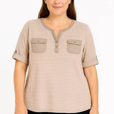 Croft & Barrow Top Womens XL White Brown Striped Roll Tab Henley V-Neck Casual