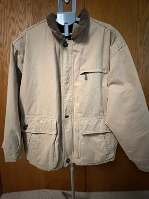 Roundtree & Yorke Outdoors Men's XL Tan Canvas Field Jacket Leather Collar Plaid
