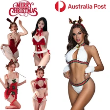 Christmas Underwear Sexy Lace Babydoll Mrs Claus Cosplay Lingerie Bra Thong Set