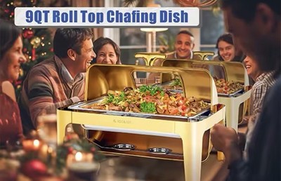 New 9QT Cooking Dish Buffet Set Stainless Steel Catering Keep Warm Or Cold Gold