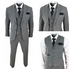 Men's Suit 3 Piece Wool Herringbone Tweed Dark Grey Formal Wedding Groom Tuxedo