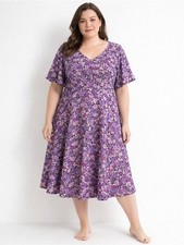 Lane Bryant 28 Purple Floral Midi Dress Flutter Sleeve V-Neck Plus NWT