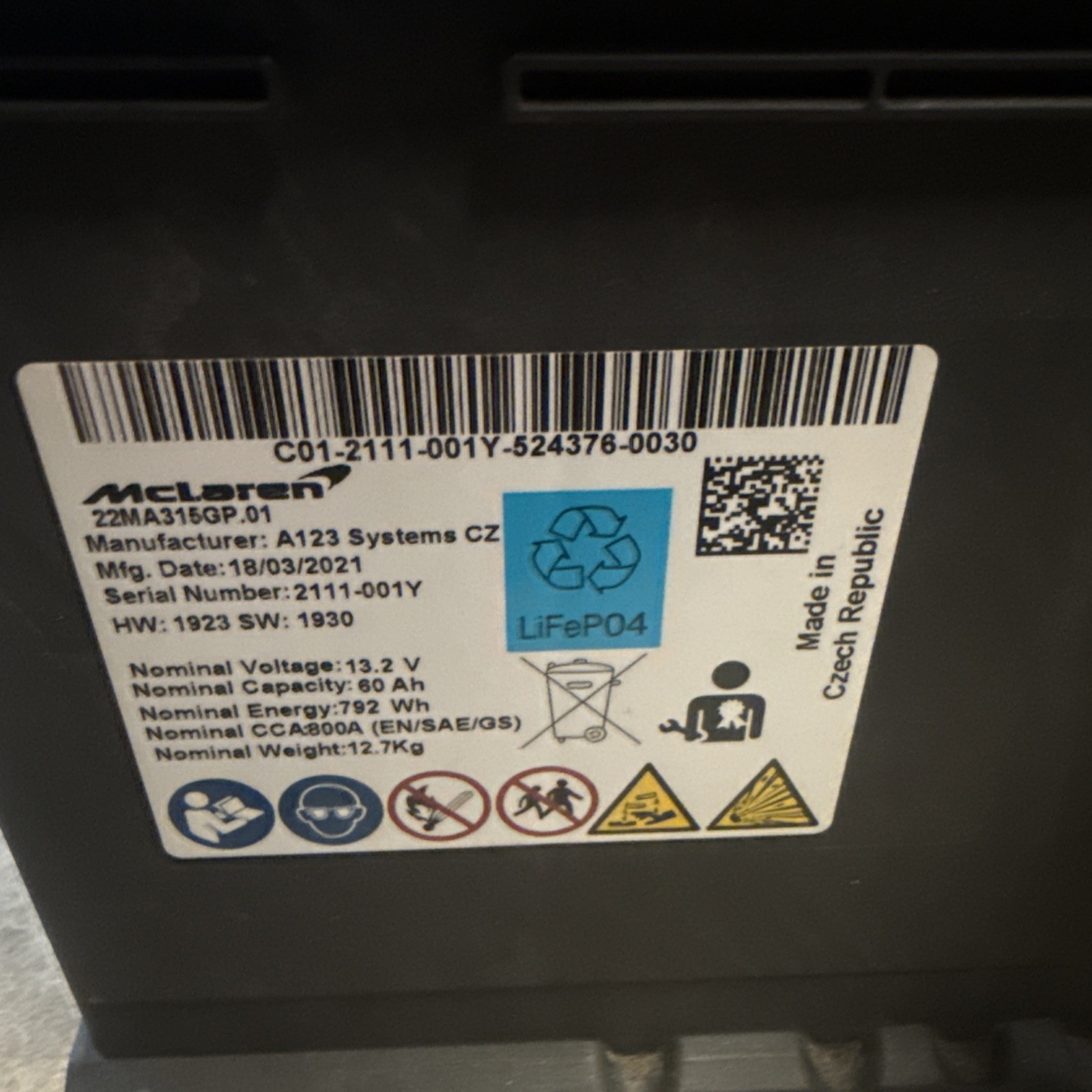 McLaren 570S 2016-2021 Battery P/N 22MA137CP