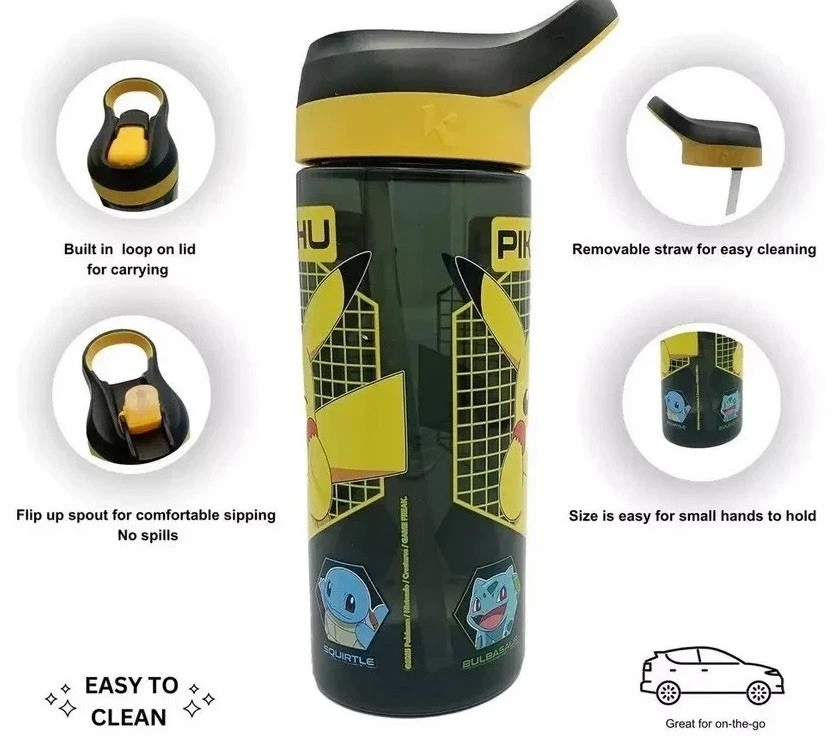 Pokemon Pikachu inspired water Sipper Bottle 600ml Flip Top Straw Kids School - Image 3 of 4